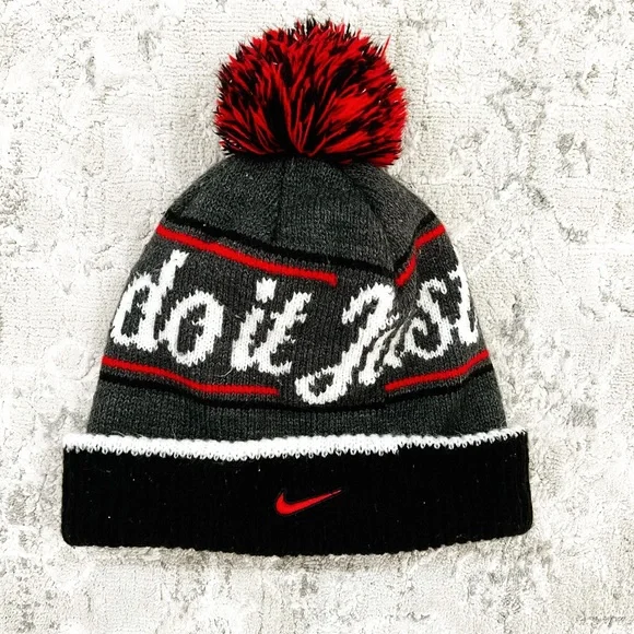 Nike Accessories Black Gray Red Knit Just Do It Nike Youth Pom